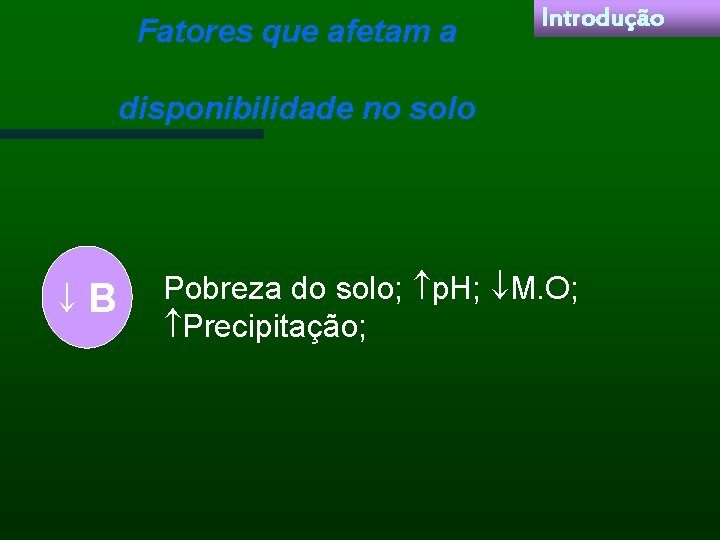 Fatores que afetam a Introdução disponibilidade no solo B Pobreza do solo; p. H;