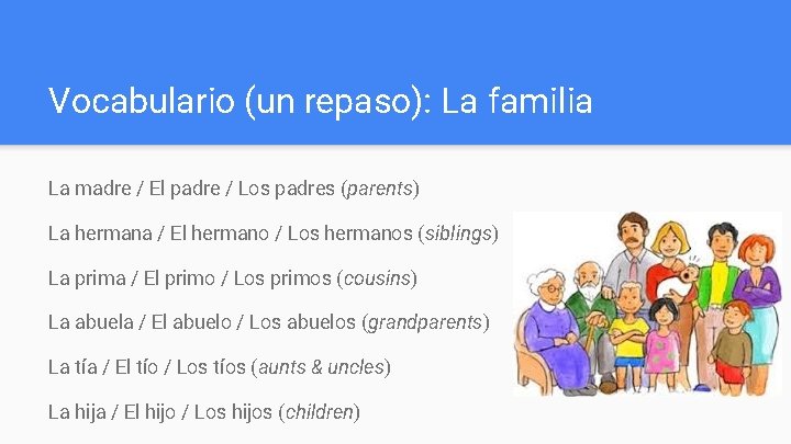 Vocabulario (un repaso): La familia La madre / El padre / Los padres (parents)