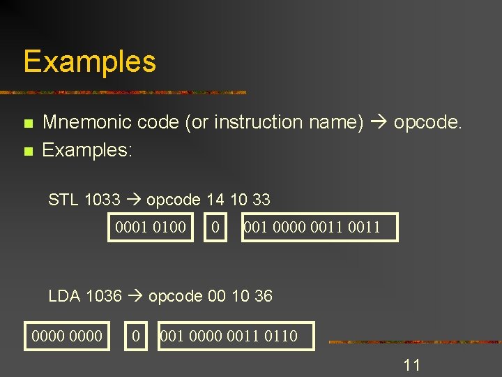 Examples n n Mnemonic code (or instruction name) opcode. Examples: STL 1033 opcode 14 Examples n n Mnemonic code (or instruction name) opcode. Examples: STL 1033 opcode 14