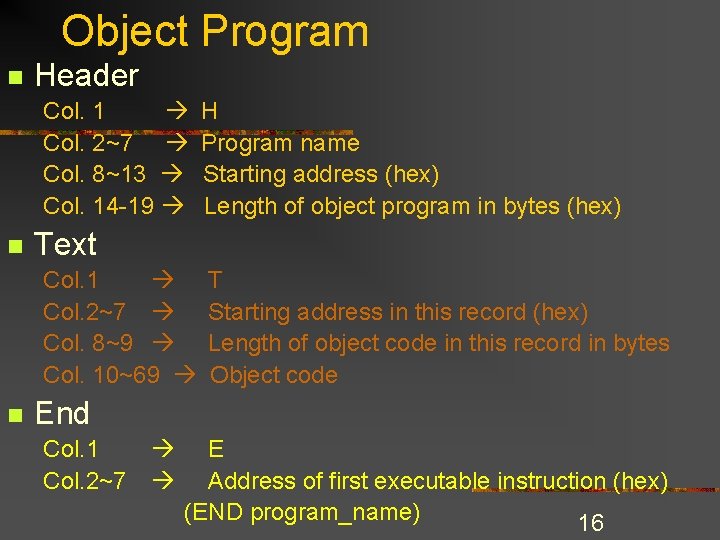 Object Program n Header Col. 1 Col. 2~7 Col. 8~13 Col. 14 -19 n Object Program n Header Col. 1 Col. 2~7 Col. 8~13 Col. 14 -19 n