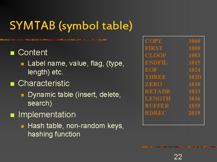 SYMTAB (symbol table) n Content n n Characteristic n n Label name, value, flag, SYMTAB (symbol table) n Content n n Characteristic n n Label name, value, flag,