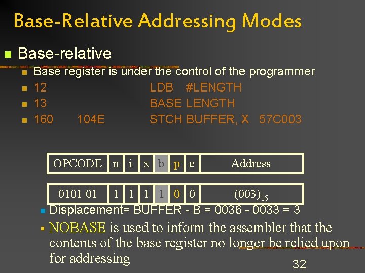 Base-Relative Addressing Modes n Base-relative n n Base register is under the control of Base-Relative Addressing Modes n Base-relative n n Base register is under the control of