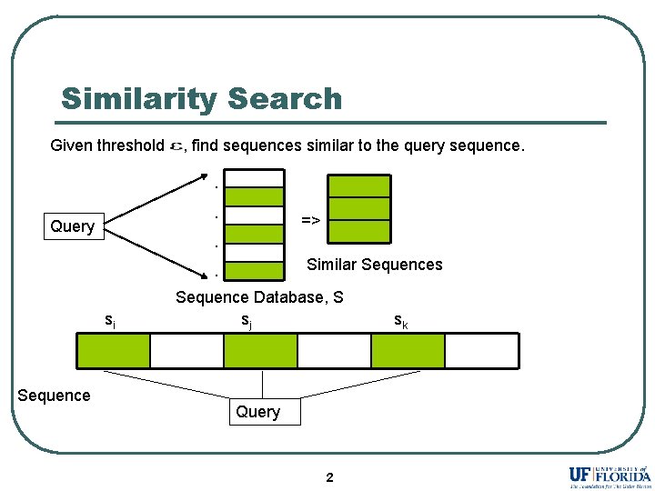 Similarity Search Given threshold , find sequences similar to the query sequence. . .