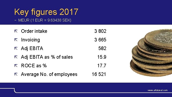 Key figures 2017 − MEUR (1 EUR = 9. 63438 SEK) Order intake 3