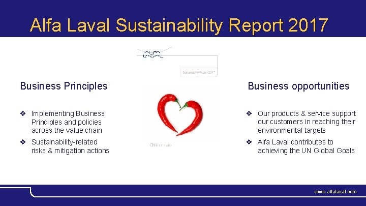 Alfa Laval Sustainability Report 2017 Business Principles Business opportunities v Implementing Business Principles and