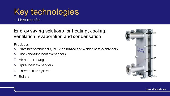Key technologies − Heat transfer Energy saving solutions for heating, cooling, ventilation, evaporation and