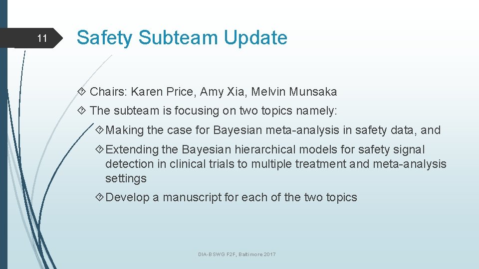 11 Safety Subteam Update Chairs: Karen Price, Amy Xia, Melvin Munsaka The subteam is