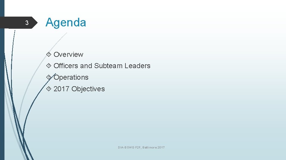 3 Agenda Overview Officers and Subteam Leaders Operations 2017 Objectives DIA-BSWG F 2 F,