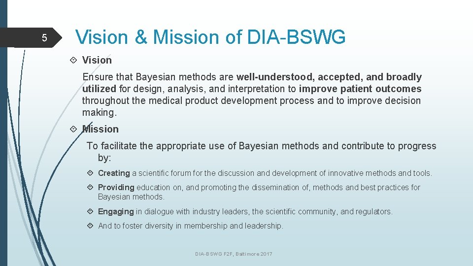 5 Vision & Mission of DIA-BSWG Vision Ensure that Bayesian methods are well-understood, accepted,