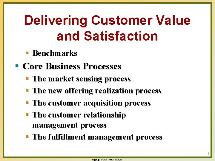 Delivering Customer Value and Satisfaction § Benchmarks § Core Business Processes § The market