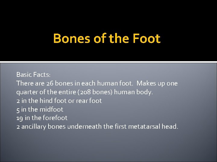 Bones of the Foot Basic Facts: There are 26 bones in each human foot.