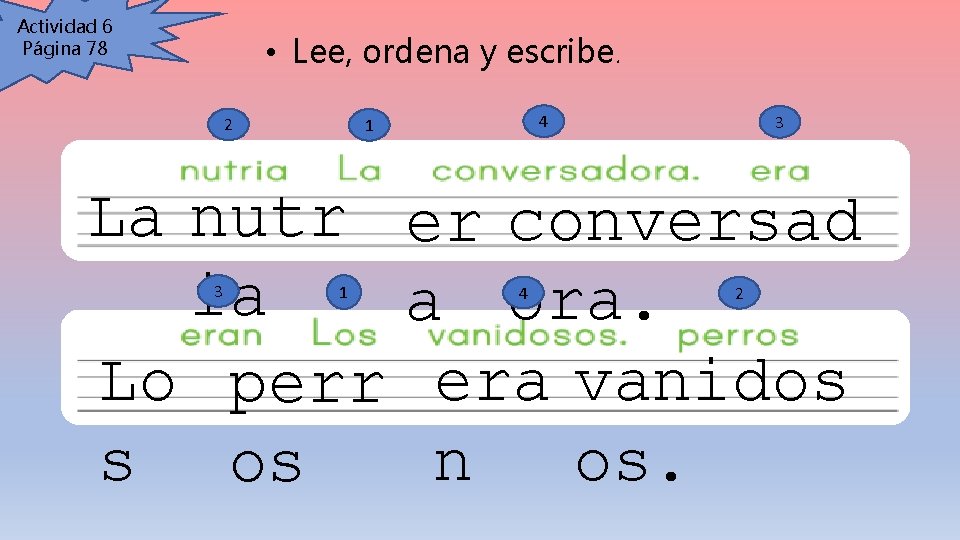 Actividad 6 Página 78 • Lee, ordena y escribe. 2 4 1 3 La