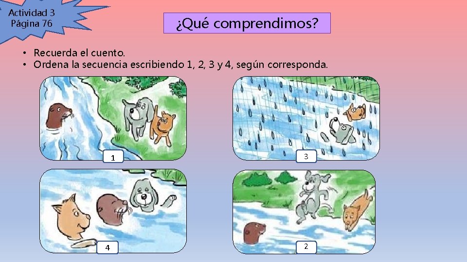 Actividad 3 Página 76 ¿Qué comprendimos? • Recuerda el cuento. • Ordena la secuencia