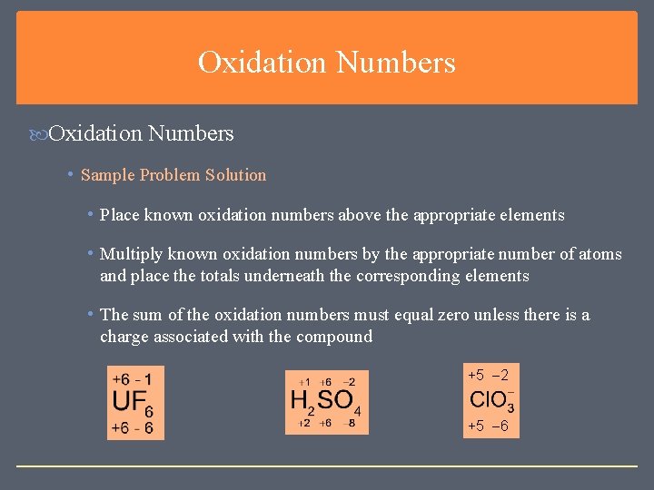 Oxidation Numbers • Sample Problem Solution • Place known oxidation numbers above the appropriate