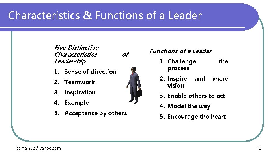 Characteristics & Functions of a Leader Five Distinctive Characteristics Leadership of 1. Sense of