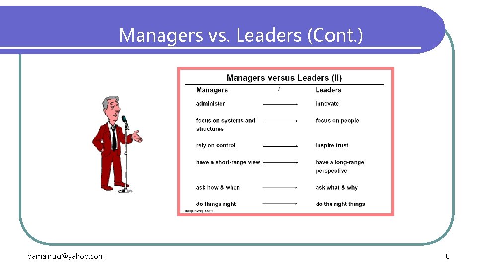 Managers vs. Leaders (Cont. ) bamalnug@yahoo. com 8 