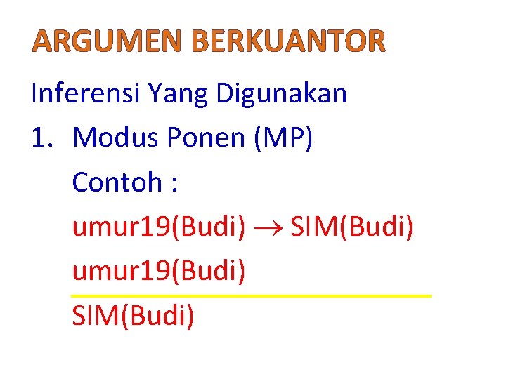 ARGUMEN BERKUANTOR Inferensi Yang Digunakan 1. Modus Ponen (MP) Contoh : umur 19(Budi) SIM(Budi)
