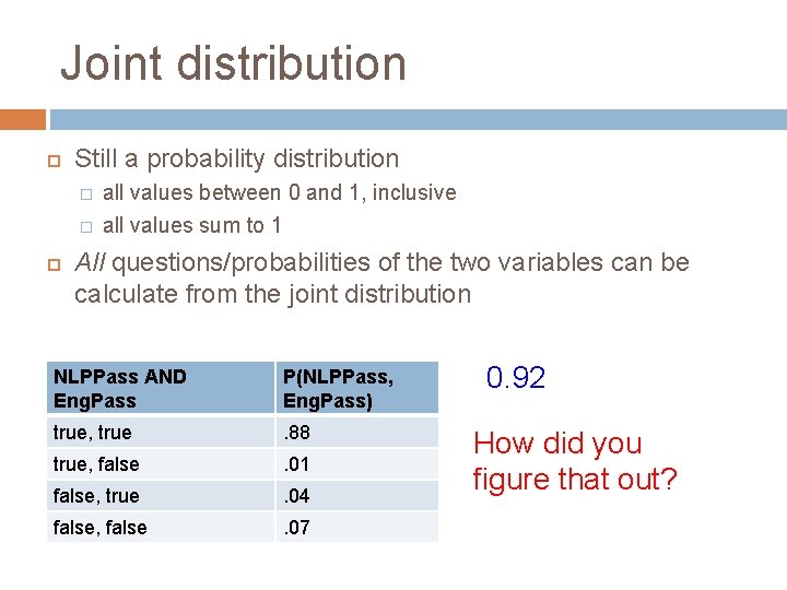 Joint distribution Still a probability distribution � � all values between 0 and 1,