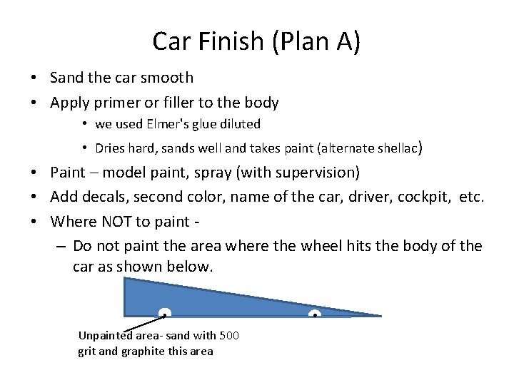 Car Finish (Plan A) • Sand the car smooth • Apply primer or filler