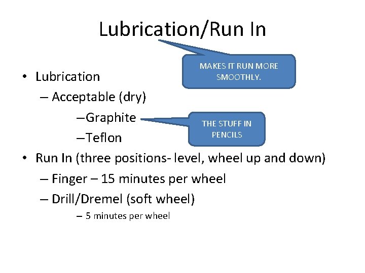 Lubrication/Run In MAKES IT RUN MORE SMOOTHLY. • Lubrication – Acceptable (dry) – Graphite