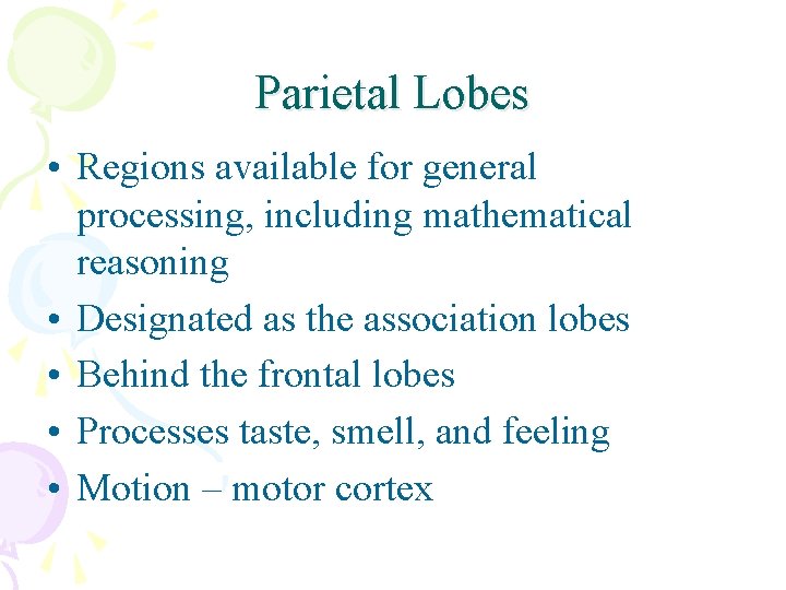 Parietal Lobes • Regions available for general processing, including mathematical reasoning • Designated as