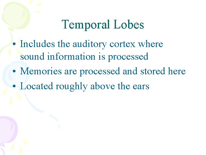 Temporal Lobes • Includes the auditory cortex where sound information is processed • Memories