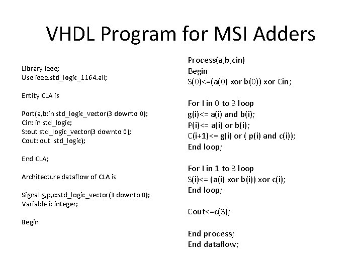 VHDL Program for MSI Adders Library ieee; Use ieee. std_logic_1164. all; Entity CLA is