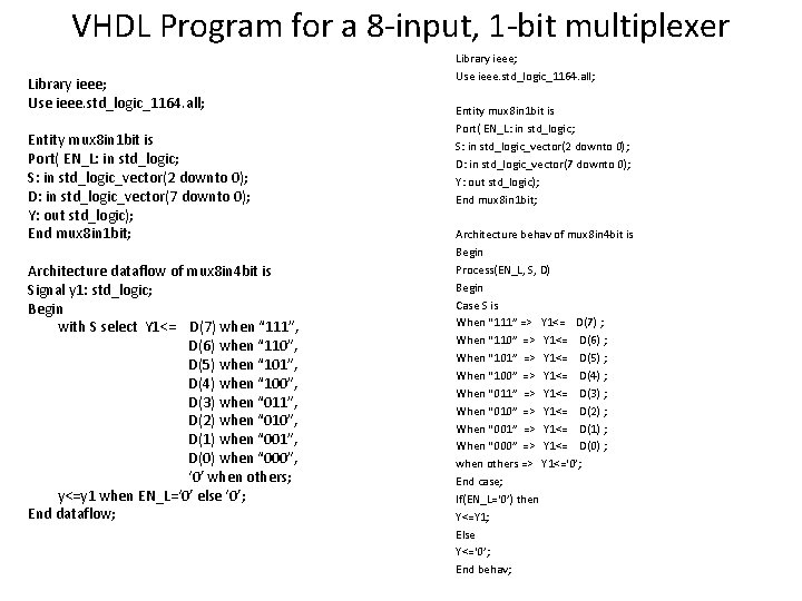 VHDL Program for a 8 -input, 1 -bit multiplexer Library ieee; Use ieee. std_logic_1164.