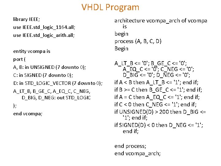 VHDL Program library IEEE; use IEEE. std_logic_1164. all; use IEEE. std_logic_arith. all; entity vcompa