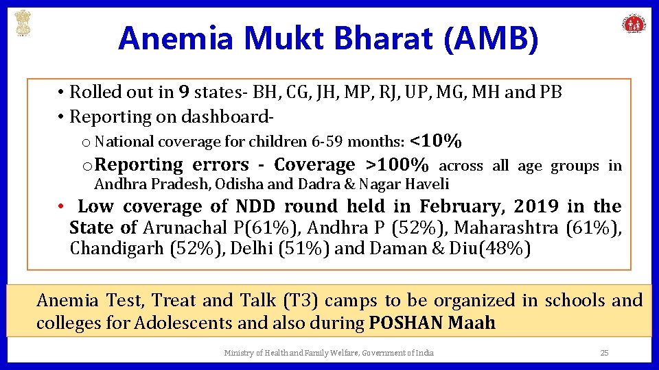 Anemia Mukt Bharat (AMB) • Rolled out in 9 states- BH, CG, JH, MP,