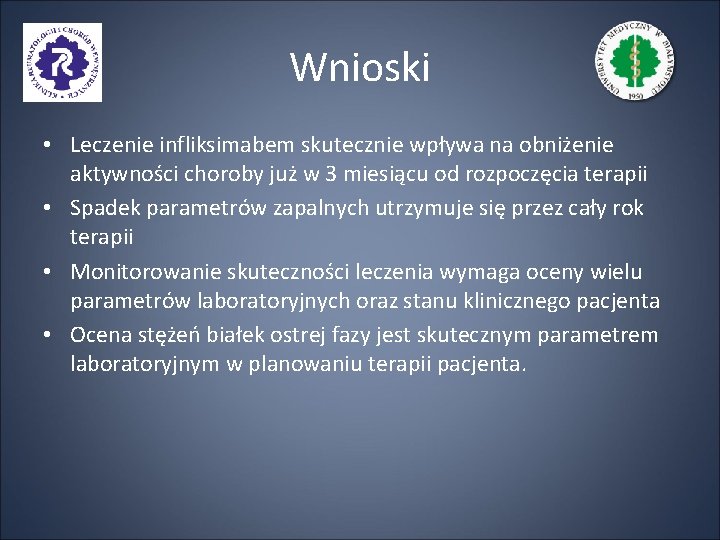 Wnioski • Leczenie infliksimabem skutecznie wpływa na obniżenie aktywności choroby już w 3 miesiącu