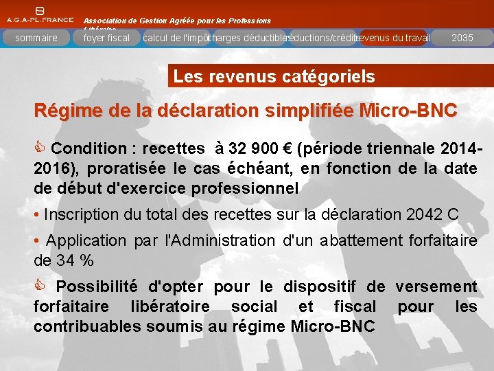 présentation sommaire Association de Gestion Agréée pour les Professions Libérales foyer fiscal réductions/crédits calcul