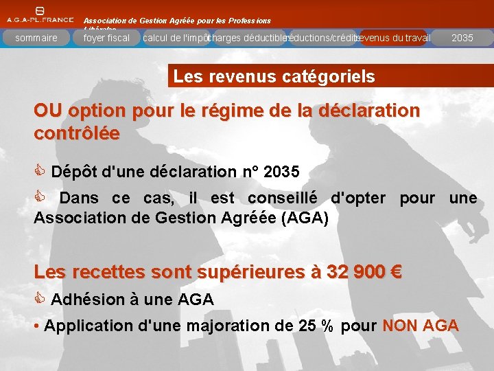 sommaire Association de Gestion Agréée pour les Professions Libérales foyer fiscal réductions/crédits calcul de