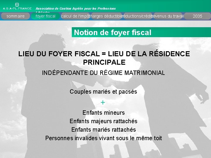 sommaire Association de Gestion Agréée pour les Professions Libérales foyer fiscal réductions/crédits calcul de