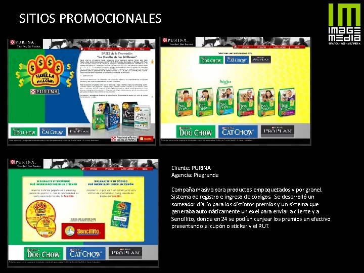 SITIOS PROMOCIONALES Cliente: PURINA Agencia: Piegrande Campaña masiva para productos empaquetados y por granel.