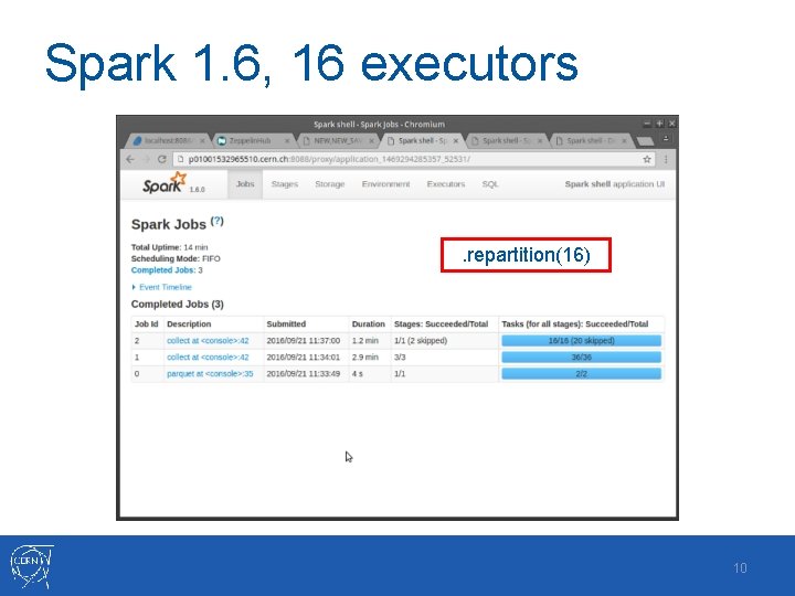 Spark 1. 6, 16 executors . repartition(16) 10 