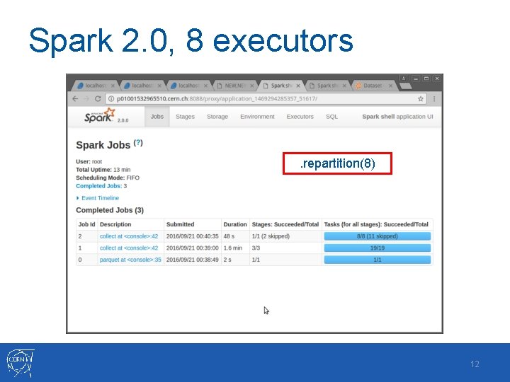 Spark 2. 0, 8 executors . repartition(8) 12 
