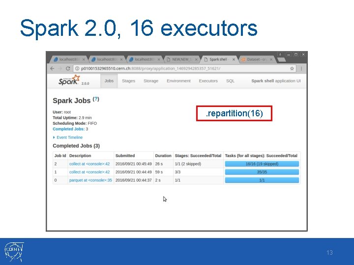 Spark 2. 0, 16 executors . repartition(16) 13 