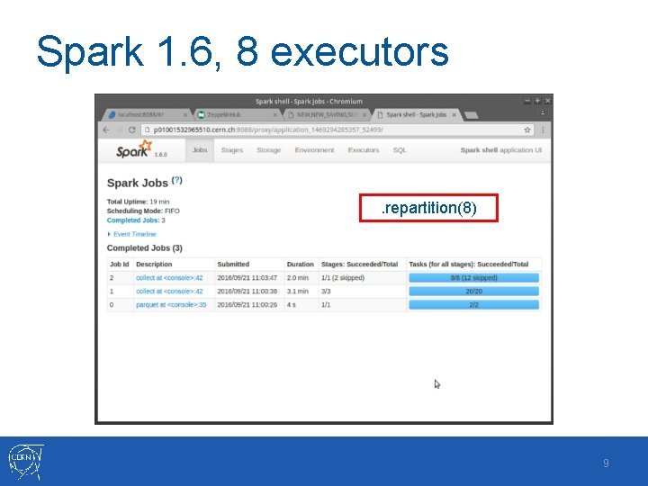 Spark 1. 6, 8 executors . repartition(8) 9 