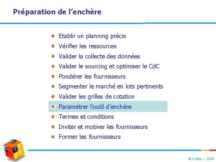 Préparation de l’enchère Etablir un planning précis Vérifier les ressources Valider la collecte des