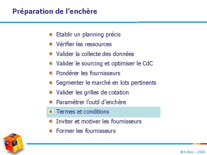 Préparation de l’enchère Etablir un planning précis Vérifier les ressources Valider la collecte des