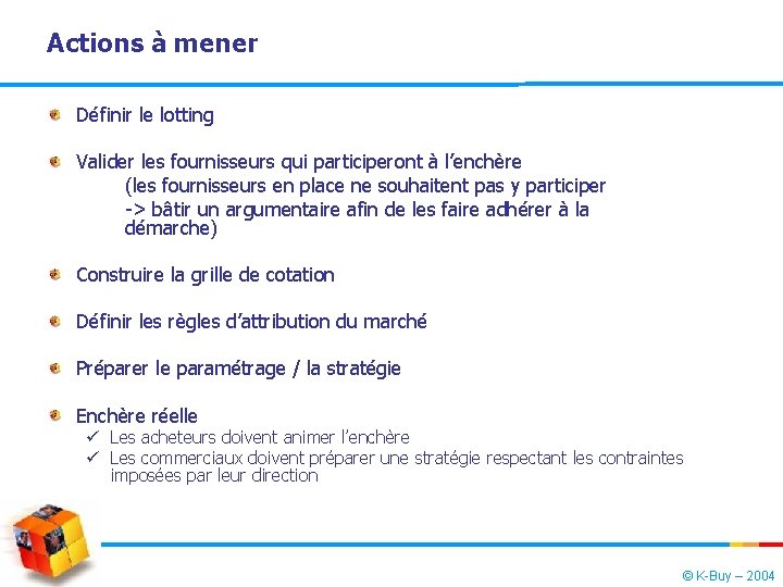 Actions à mener Définir le lotting Valider les fournisseurs qui participeront à l’enchère (les