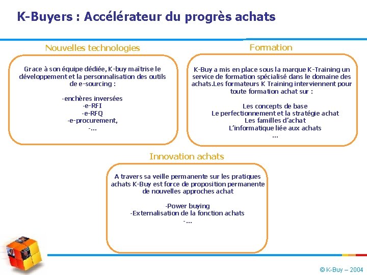 K-Buyers : Accélérateur du progrès achats Nouvelles technologies Formation Grace à son équipe dédiée,