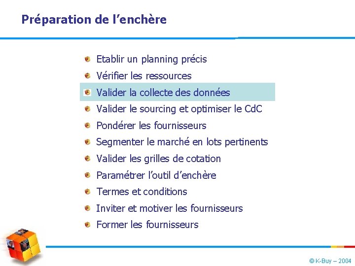 Préparation de l’enchère Etablir un planning précis Vérifier les ressources Valider la collecte des