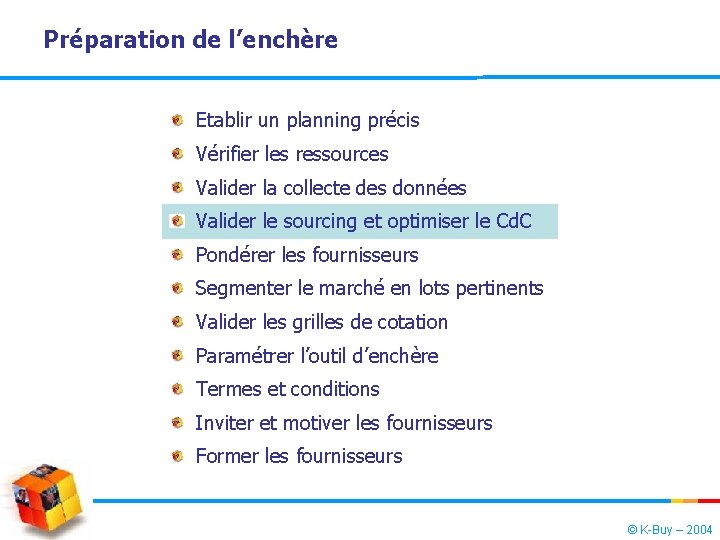 Préparation de l’enchère Etablir un planning précis Vérifier les ressources Valider la collecte des