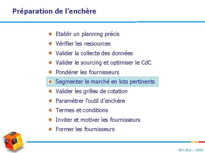 Préparation de l’enchère Etablir un planning précis Vérifier les ressources Valider la collecte des