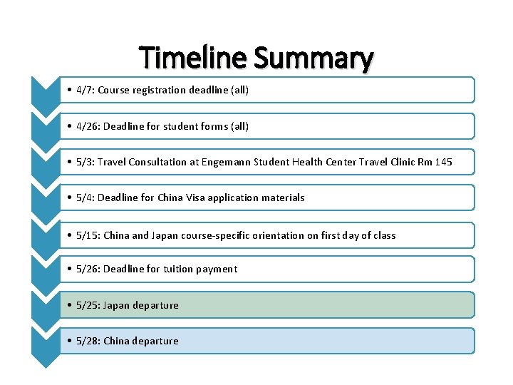 Timeline Summary • 4/7: Course registration deadline (all) • 4/26: Deadline for student forms