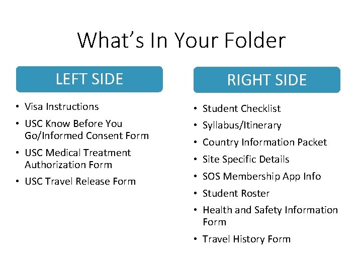 What’s In Your Folder LEFT SIDE RIGHT SIDE • Visa Instructions • Student Checklist