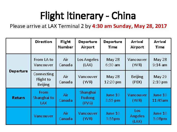 Flight Itinerary - China Please arrive at LAX Terminal 2 by 4: 30 am