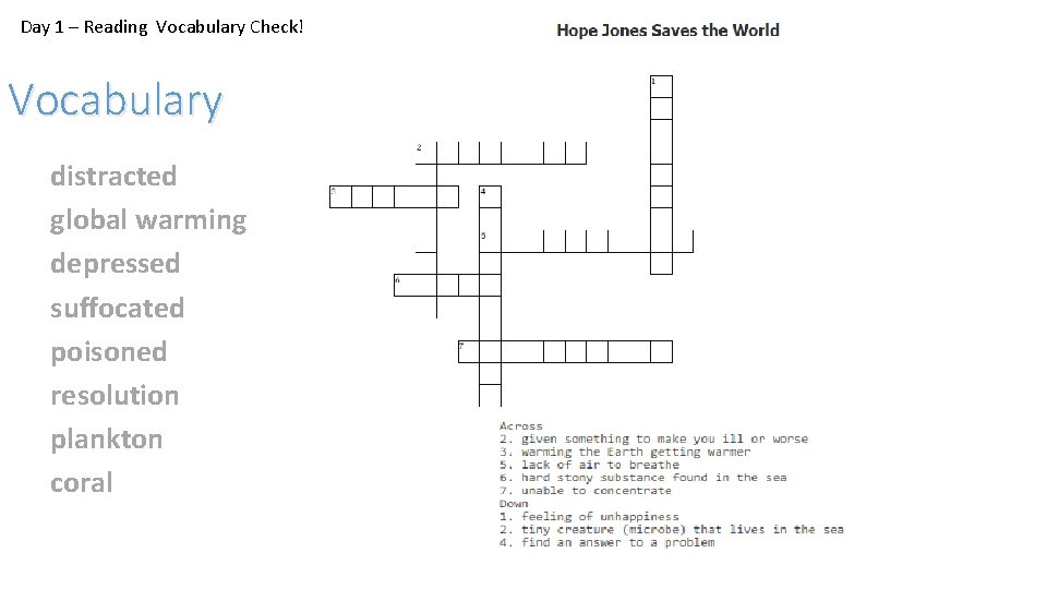 Day 1 – Reading Vocabulary Check! Vocabulary distracted global warming depressed suffocated poisoned resolution